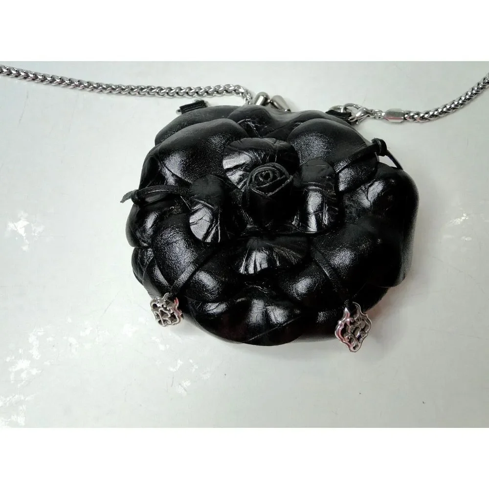 Brighton Roselie Flower 3D‎ Black Leather Chain Crossbody Small Purse Kisslock